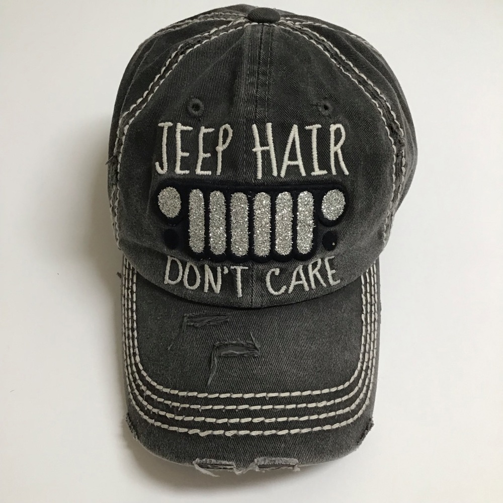 Jeep Hair Don’t Care Baseball Cap Gray Distress Hat Adjust Bling Grille Vintage - Picture 2 of 13
